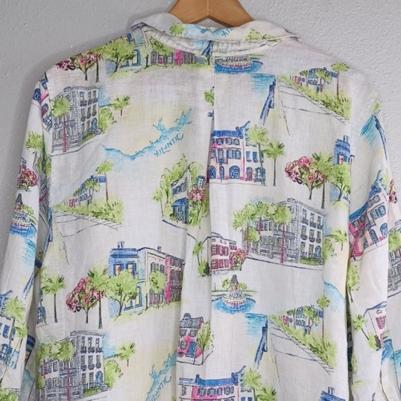 Chico's 100% Linen Novelty City Print Sz 3 Long Sleeve Button Down Front Blouse - Picture 6 of 15